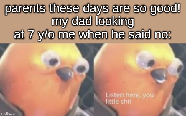 disipline | parents these days are so good!
my dad looking at 7 y/o me when he said no: | image tagged in listen here you little shit bird | made w/ Imgflip meme maker