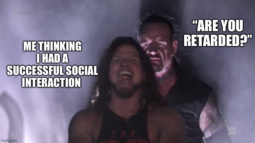 AJ Styles & Undertaker | “ARE YOU RETARDED?”; ME THINKING I HAD A SUCCESSFUL SOCIAL INTERACTION | image tagged in aj styles undertaker | made w/ Imgflip meme maker