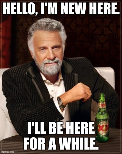 The Most Interesting Man In The World | HELLO, I'M NEW HERE. I'LL BE HERE FOR A WHILE. | image tagged in memes,the most interesting man in the world,hello,msmg | made w/ Imgflip meme maker