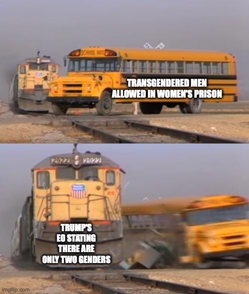 Men in women's prison | TRANSGENDERED MEN ALLOWED IN WOMEN'S PRISON; TRUMP'S EO STATING THERE ARE ONLY TWO GENDERS | image tagged in a train hitting a school bus | made w/ Imgflip meme maker