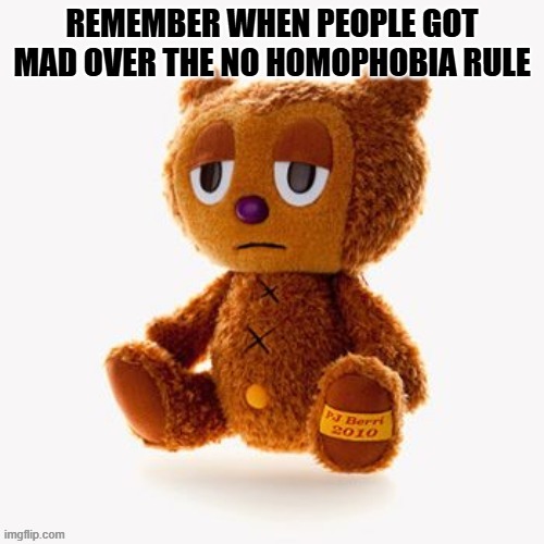 Pj plush | REMEMBER WHEN PEOPLE GOT MAD OVER THE NO HOMOPHOBIA RULE | image tagged in pj plush | made w/ Imgflip meme maker