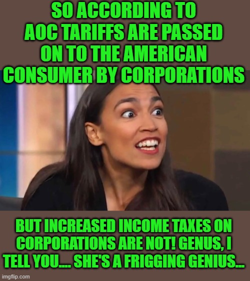 yep | SO ACCORDING TO AOC TARIFFS ARE PASSED ON TO THE AMERICAN CONSUMER BY CORPORATIONS; BUT INCREASED INCOME TAXES ON CORPORATIONS ARE NOT! GENUS, I TELL YOU.... SHE'S A FRIGGING GENIUS... | image tagged in crazy aoc | made w/ Imgflip meme maker