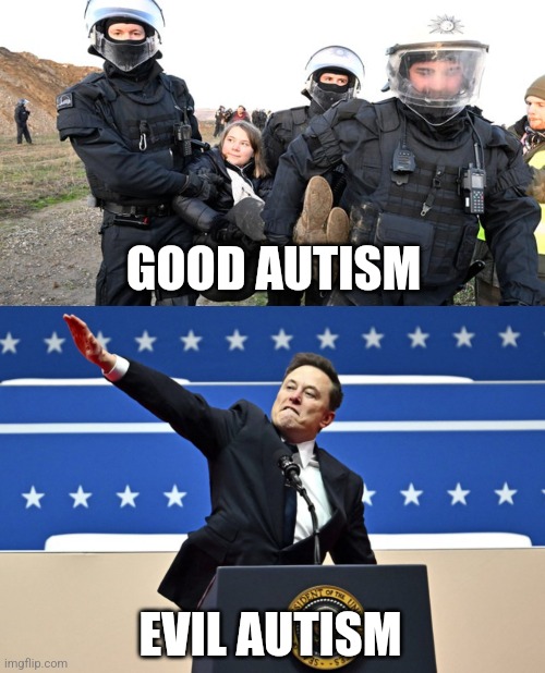 GOOD AUTISM; EVIL AUTISM | image tagged in greta thunberg getting carried away,nazi elon,autism,people  are people | made w/ Imgflip meme maker