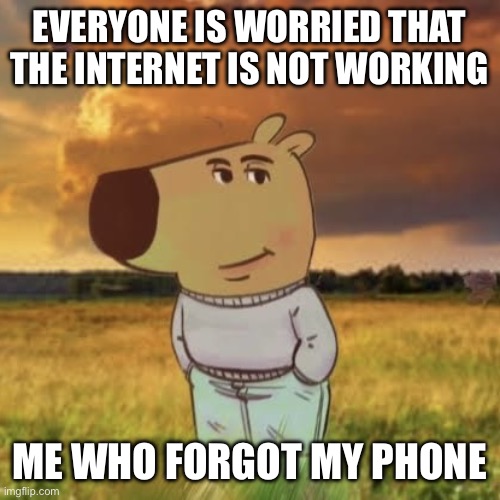 Chill guy | EVERYONE IS WORRIED THAT THE INTERNET IS NOT WORKING; ME WHO FORGOT MY PHONE | image tagged in chill guy | made w/ Imgflip meme maker