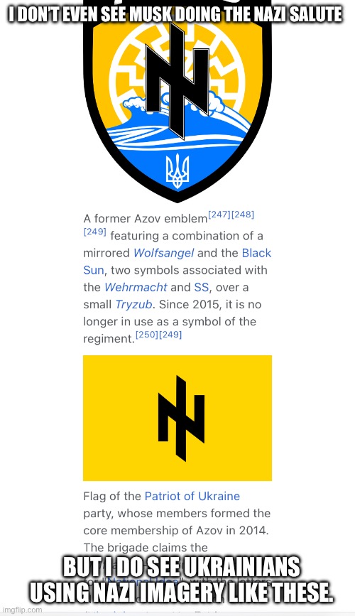 Ukrainian Nazis | I DON’T EVEN SEE MUSK DOING THE NAZI SALUTE; BUT I DO SEE UKRAINIANS USING NAZI IMAGERY LIKE THESE. | image tagged in ukrainian nazis | made w/ Imgflip meme maker