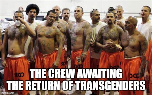 Trans prison | THE CREW AWAITING THE RETURN OF TRANSGENDERS | image tagged in trans,prison | made w/ Imgflip meme maker