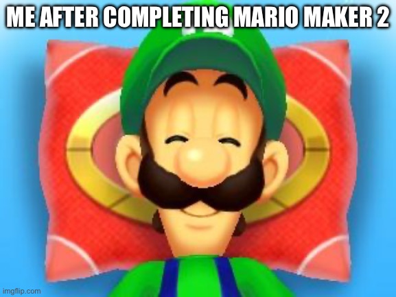 Smiling Luigi | ME AFTER COMPLETING MARIO MAKER 2 | image tagged in smiling luigi | made w/ Imgflip meme maker