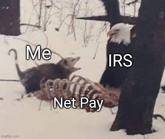 Taxation | Me; IRS; Net Pay | image tagged in first | made w/ Imgflip meme maker