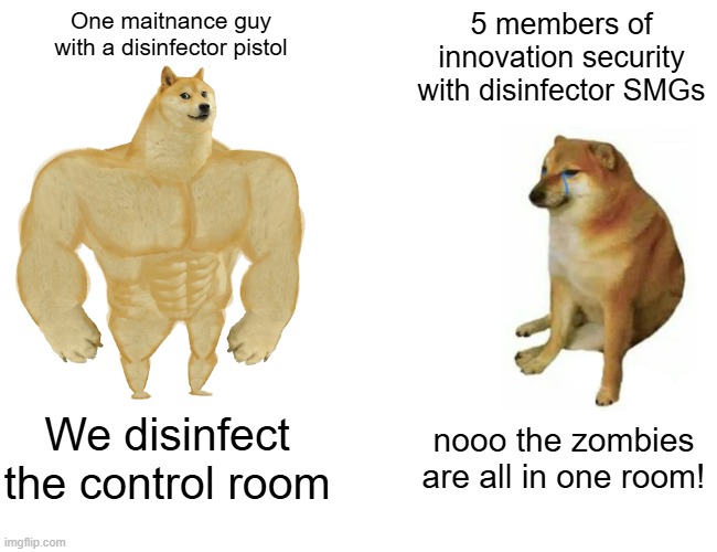 Can anyone relate to this scenario in IITPP? | One maitnance guy with a disinfector pistol; 5 members of innovation security with disinfector SMGs; We disinfect the control room; nooo the zombies are all in one room! | image tagged in memes,buff doge vs cheems | made w/ Imgflip meme maker