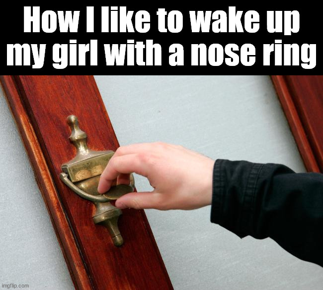 She does not like it at all | How I like to wake up my girl with a nose ring | image tagged in nose ring,knocking,wake up | made w/ Imgflip meme maker