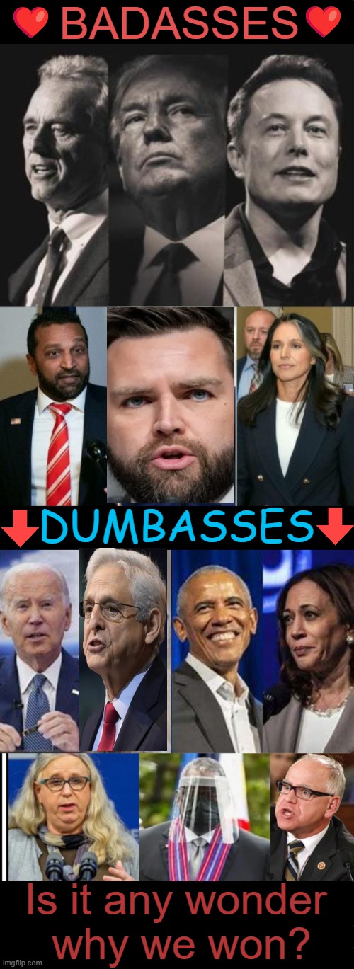 "I am patient with stupidity but not with those who are proud of it."  Edith Sitwell | BADASSES; ❤️; ❤️; DUMBASSES; Is it any wonder 
why we won? | image tagged in the dream team,patriots,jackasses,winners,losers,political humor | made w/ Imgflip meme maker