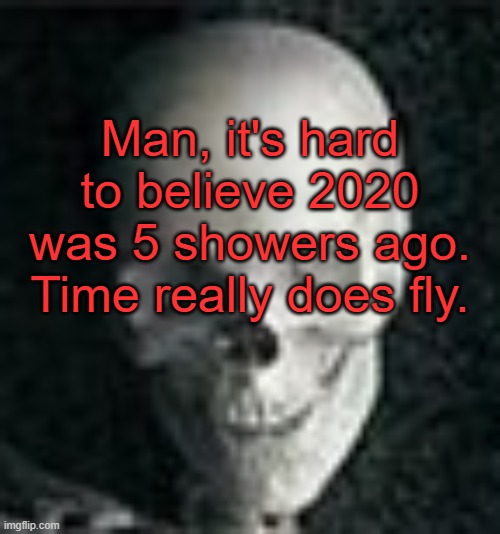 . | Man, it's hard to believe 2020 was 5 showers ago. Time really does fly. | image tagged in skull | made w/ Imgflip meme maker