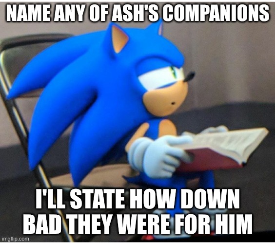 Sonic | NAME ANY OF ASH'S COMPANIONS; I'LL STATE HOW DOWN BAD THEY WERE FOR HIM | image tagged in sonic | made w/ Imgflip meme maker