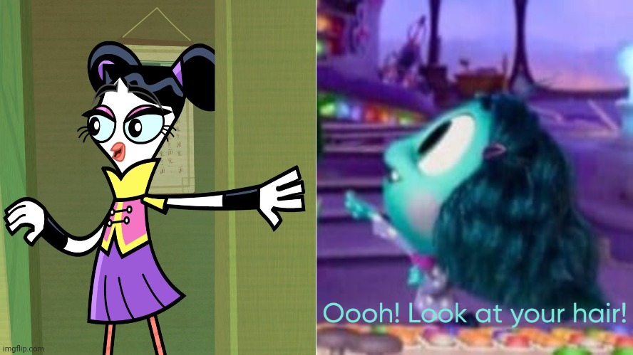 Envy admires Flick's hair | image tagged in envy admires character 's hair,chuck chicken,flick feathers,envy,inside out 2,inside out | made w/ Imgflip meme maker