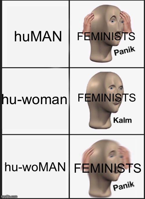 Panik Kalm Panik Meme | huMAN; FEMINISTS; hu-woman; FEMINISTS; hu-woMAN; FEMINISTS | image tagged in memes,panik kalm panik | made w/ Imgflip meme maker