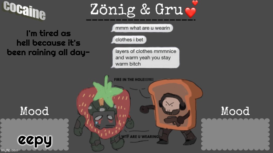 Zoru temp ig idk | I'm tired as hell because it's been raining all day-; eepy | image tagged in zoru temp ig idk | made w/ Imgflip meme maker