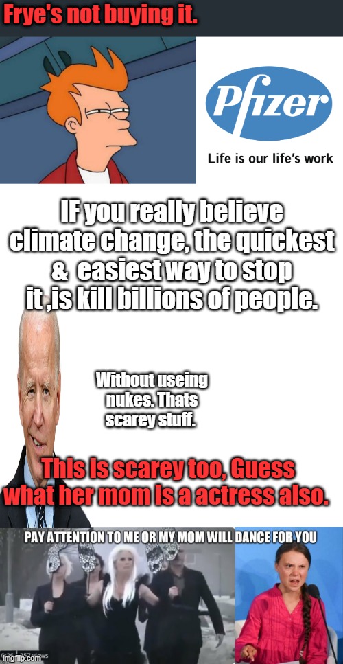 Frye's not buying it. IF you really believe climate change, the quickest &  easiest way to stop it ,is kill billions of people. Without useing nukes. Thats scarey stuff. This is scarey too, Guess what her mom is a actress also. | image tagged in memes,futurama fry,blank transparent square | made w/ Imgflip meme maker