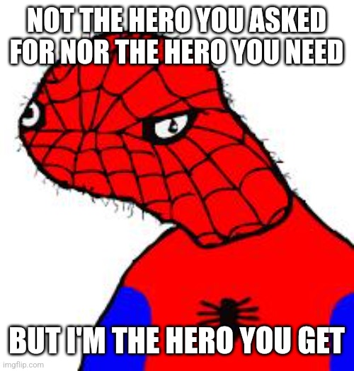 Spooderman | NOT THE HERO YOU ASKED FOR NOR THE HERO YOU NEED BUT I'M THE HERO YOU GET | image tagged in spooderman | made w/ Imgflip meme maker