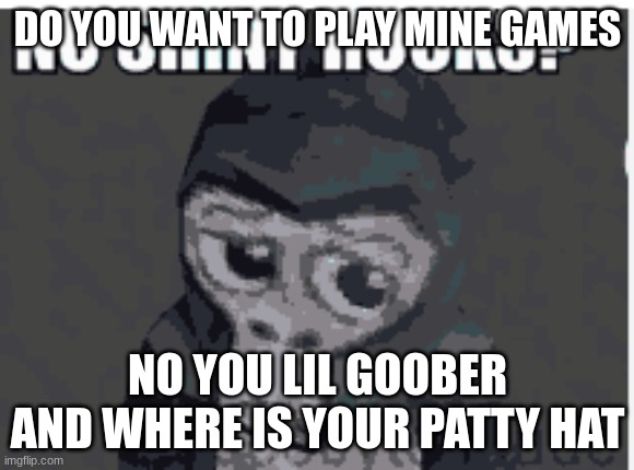 DO YOU WANT TO PLAY MINE GAMES; NO YOU LIL GOOBER AND WHERE IS YOUR PATTY HAT | made w/ Imgflip meme maker