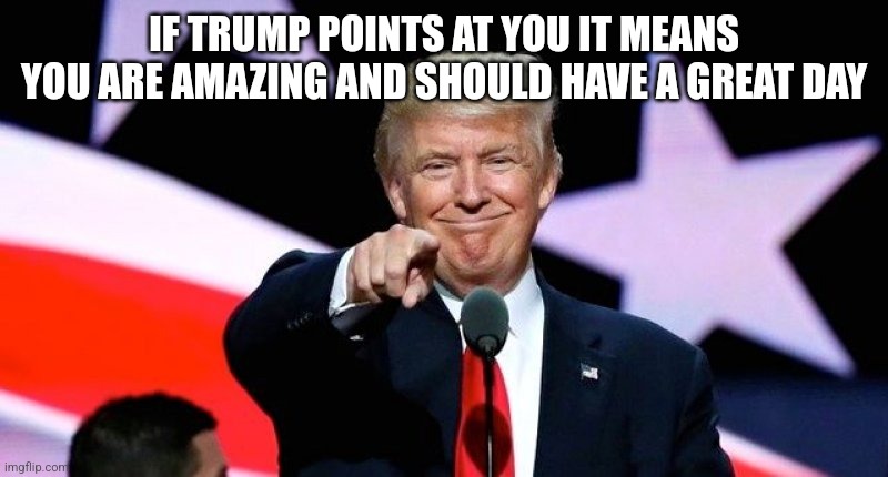 Donald Trump pointing at you. | IF TRUMP POINTS AT YOU IT MEANS YOU ARE AMAZING AND SHOULD HAVE A GREAT DAY | image tagged in donald trump pointing at you | made w/ Imgflip meme maker