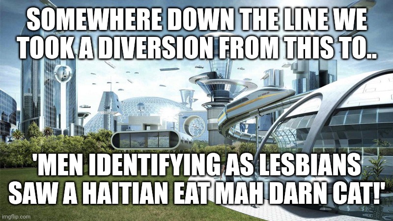 The future world if | SOMEWHERE DOWN THE LINE WE TOOK A DIVERSION FROM THIS TO.. 'MEN IDENTIFYING AS LESBIANS SAW A HAITIAN EAT MAH DARN CAT!' | image tagged in the future world if | made w/ Imgflip meme maker