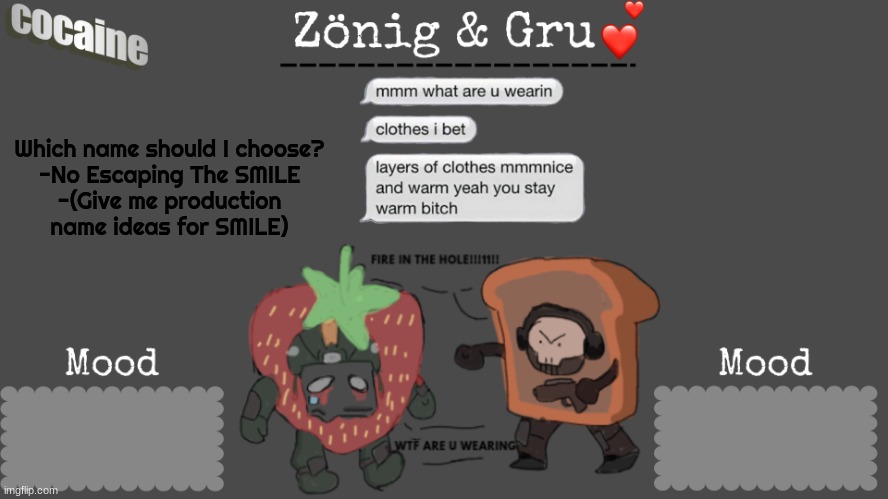 Zoru temp ig idk | Which name should I choose?

-No Escaping The SMILE
-(Give me production name ideas for SMILE) | image tagged in zoru temp ig idk | made w/ Imgflip meme maker