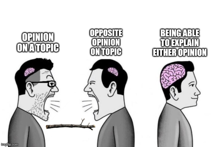 Full brained | BEING ABLE TO EXPLAIN EITHER OPINION; OPPOSITE OPINION ON TOPIC; OPINION ON A TOPIC | image tagged in two small brain men screaming at each other while big brain man,debate,politics,memes,smart,intelligence | made w/ Imgflip meme maker