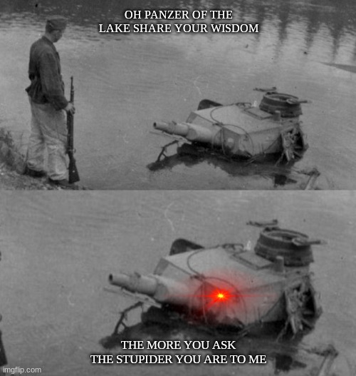 panzer of lake | OH PANZER OF THE LAKE SHARE YOUR WISDOM; THE MORE YOU ASK THE STUPIDER YOU ARE TO ME | image tagged in panzer of the lake,words of wisdom,warthunder | made w/ Imgflip meme maker