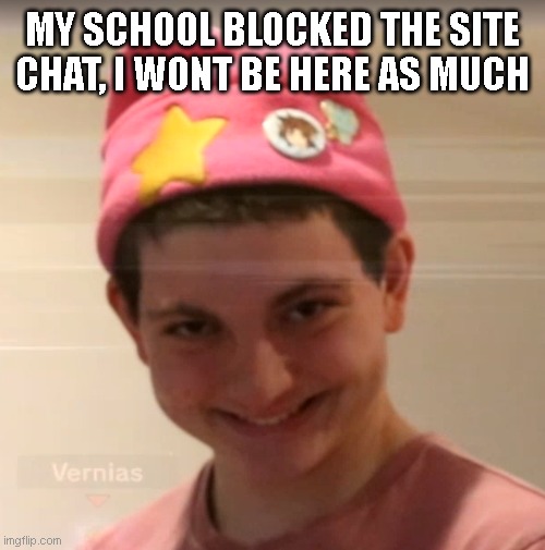 (Mod: huge L =( ) | MY SCHOOL BLOCKED THE SITE CHAT, I WONT BE HERE AS MUCH | image tagged in vernias face | made w/ Imgflip meme maker