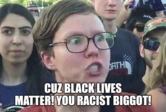 Triggered Liberal | CUZ BLACK LIVES MATTER! YOU RACIST BIGGOT! | image tagged in triggered liberal | made w/ Imgflip meme maker