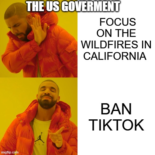The US government RN | THE US GOVERMENT; FOCUS ON THE WILDFIRES IN CALIFORNIA; BAN TIKTOK | image tagged in memes,drake hotline bling | made w/ Imgflip meme maker