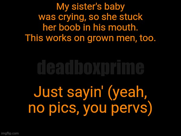 Argument ender | My sister's baby was crying, so she stuck her boob in his mouth. This works on grown men, too. deadboxprime; Just sayin' (yeah, no pics, you pervs) | image tagged in boobiesendarguments | made w/ Imgflip meme maker