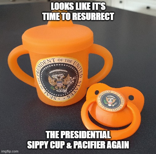 Presidential Sippy Cup & Pacifier | LOOKS LIKE IT'S TIME TO RESURRECT; THE PRESIDENTIAL SIPPY CUP & PACIFIER AGAIN | image tagged in donald trump,president,pacifier,sippy cup | made w/ Imgflip meme maker