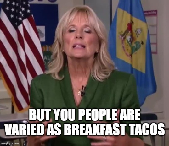 Jill Biden | BUT YOU PEOPLE ARE VARIED AS BREAKFAST TACOS | image tagged in jill biden | made w/ Imgflip meme maker