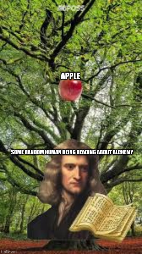 issac newton! | APPLE; SOME RANDOM HUMAN BEING READING ABOUT ALCHEMY | image tagged in issac newton | made w/ Imgflip meme maker