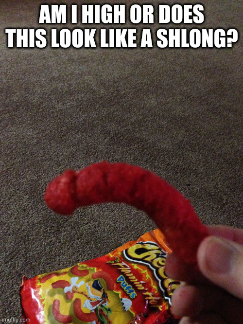 hot cheetos | AM I HIGH OR DOES THIS LOOK LIKE A SHLONG? | image tagged in hot cheetos | made w/ Imgflip meme maker