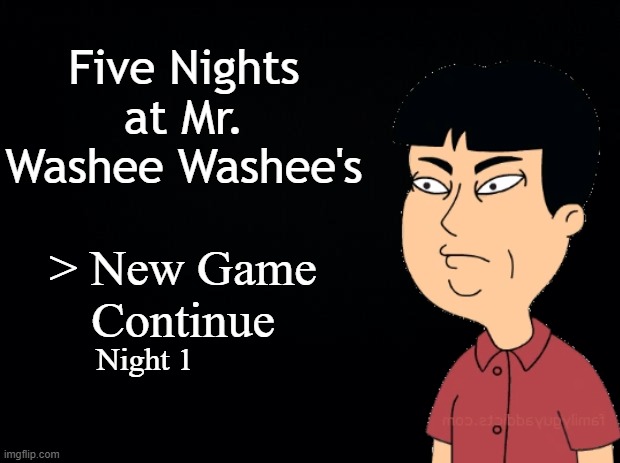 Black background | Five Nights at Mr. Washee Washee's; > New Game
Continue; Night 1 | image tagged in black background | made w/ Imgflip meme maker