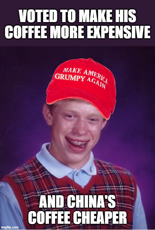 Take a bow, MAGA Brian! You're getting what you voted for. | VOTED TO MAKE HIS COFFEE MORE EXPENSIVE; GRUMPY; AND CHINA'S COFFEE CHEAPER | image tagged in memes,bad luck brian,coffee,economics,grumpy | made w/ Imgflip meme maker