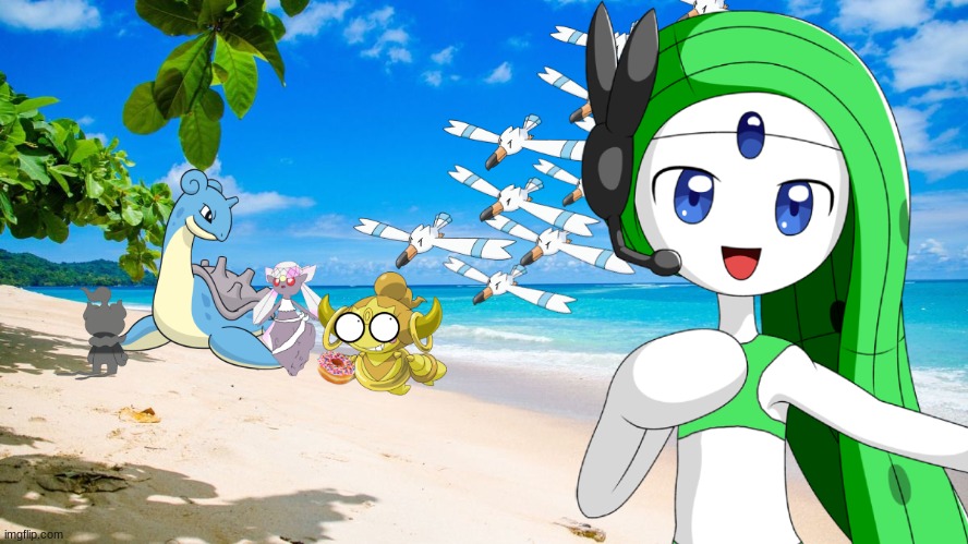The 4 Mythicals at the beach.mp3 | image tagged in the 4 mythicals,kage and melody,chip and kessho | made w/ Imgflip meme maker