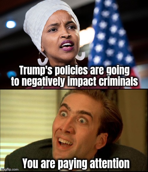 Why we voted for him | Trump's policies are going to negatively impact criminals; You are paying attention | image tagged in ilhan omar,you don't say - nicholas cage,the squad,stupid liberals,traitors,terrorists | made w/ Imgflip meme maker