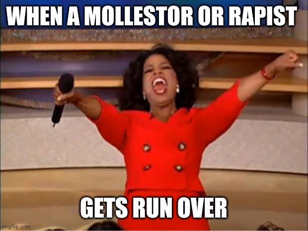 Oprah You Get A | WHEN A MOLLESTOR OR RAPIST; GETS RUN OVER | image tagged in memes,oprah you get a | made w/ Imgflip meme maker