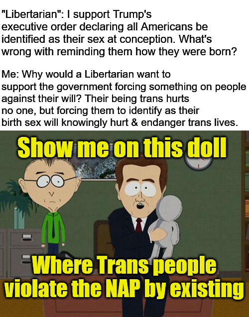 A "Libertarian" Hot Take | "Libertarian": I support Trump's executive order declaring all Americans be identified as their sex at conception. What's wrong with reminding them how they were born? Me: Why would a Libertarian want to support the government forcing something on people against their will? Their being trans hurts no one, but forcing them to identify as their birth sex will knowingly hurt & endanger trans lives. Show me on this doll; Where Trans people violate the NAP by existing | image tagged in show me on this doll,libertarian,libertarians,donald trump,trans,transgender | made w/ Imgflip meme maker