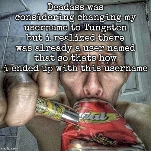 Deadass was considering changing my username to Tungsten but i realized there was already a user named that so thats how i ended up with this username | made w/ Imgflip meme maker