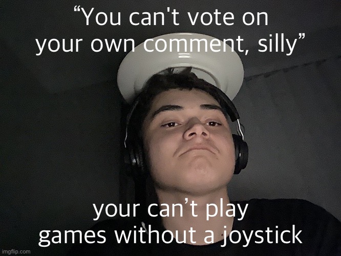 plate on the head | “You can't vote on your own comment, silly”; your can’t play games without a joystick | image tagged in plate on the head,you can't vote on your own comment silly | made w/ Imgflip meme maker