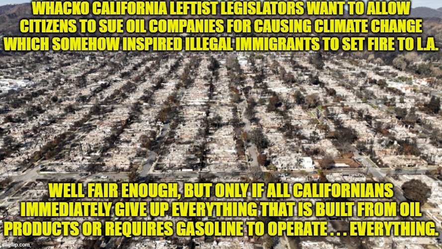 No leftists . . . you DO NOT get to have it both ways. | WHACKO CALIFORNIA LEFTIST LEGISLATORS WANT TO ALLOW CITIZENS TO SUE OIL COMPANIES FOR CAUSING CLIMATE CHANGE WHICH SOMEHOW INSPIRED ILLEGAL IMMIGRANTS TO SET FIRE TO L.A. WELL FAIR ENOUGH, BUT ONLY IF ALL CALIFORNIANS IMMEDIATELY GIVE UP EVERYTHING THAT IS BUILT FROM OIL PRODUCTS OR REQUIRES GASOLINE TO OPERATE . . . EVERYTHING. | image tagged in yep | made w/ Imgflip meme maker