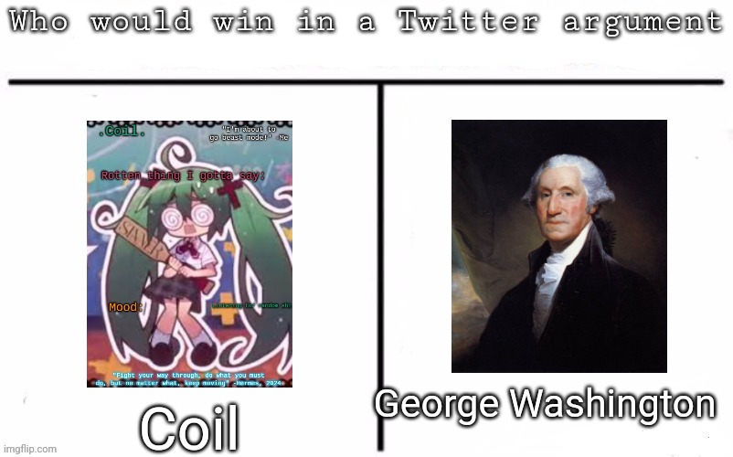 Pitting random mfs against each other | George Washington; Coil | image tagged in pitting random mfs against each other,memes,msmg | made w/ Imgflip meme maker