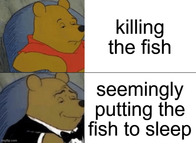 Tuxedo Winnie The Pooh | killing the fish; seemingly putting the fish to sleep | image tagged in memes,tuxedo winnie the pooh | made w/ Imgflip meme maker