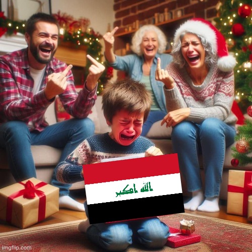 he had iraq in xmas | image tagged in crying kid at xmas | made w/ Imgflip meme maker