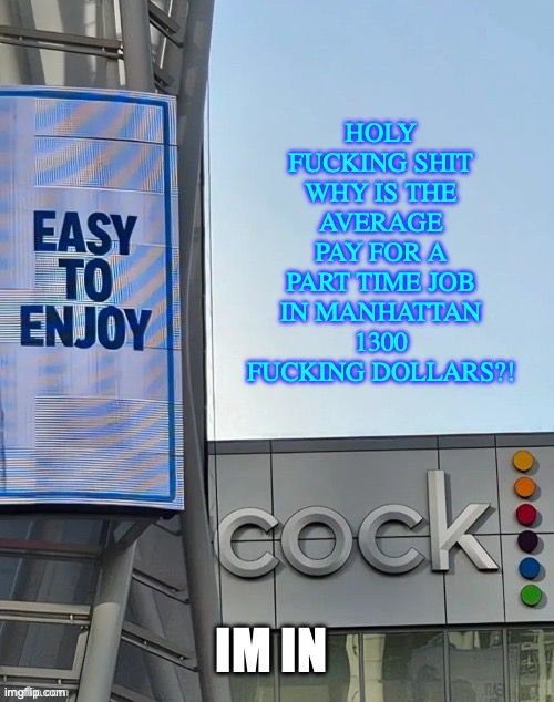 Easy to enjoy cock | HOLY FUCKING SHIT WHY IS THE AVERAGE PAY FOR A PART TIME JOB IN MANHATTAN 1300 FUCKING DOLLARS?! IM IN | image tagged in easy to enjoy cock | made w/ Imgflip meme maker