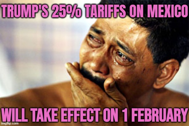 Trump's 25% Tariffs On Mexico Will Take Effect On 1 February | TRUMP'S 25% TARIFFS ON MEXICO; WILL TAKE EFFECT ON 1 FEBRUARY | image tagged in crying mexican,donald trump,breaking news,mexico,tariffs,mexico wall | made w/ Imgflip meme maker